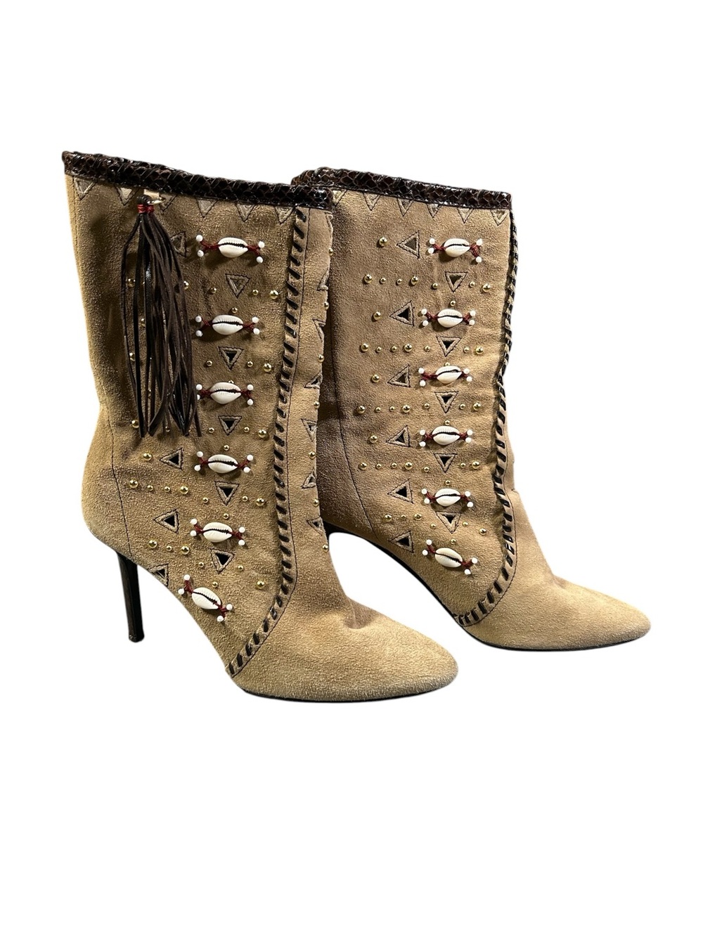 Tamara Mellon Suede Boots shell Fringe boho stilettos 36.5